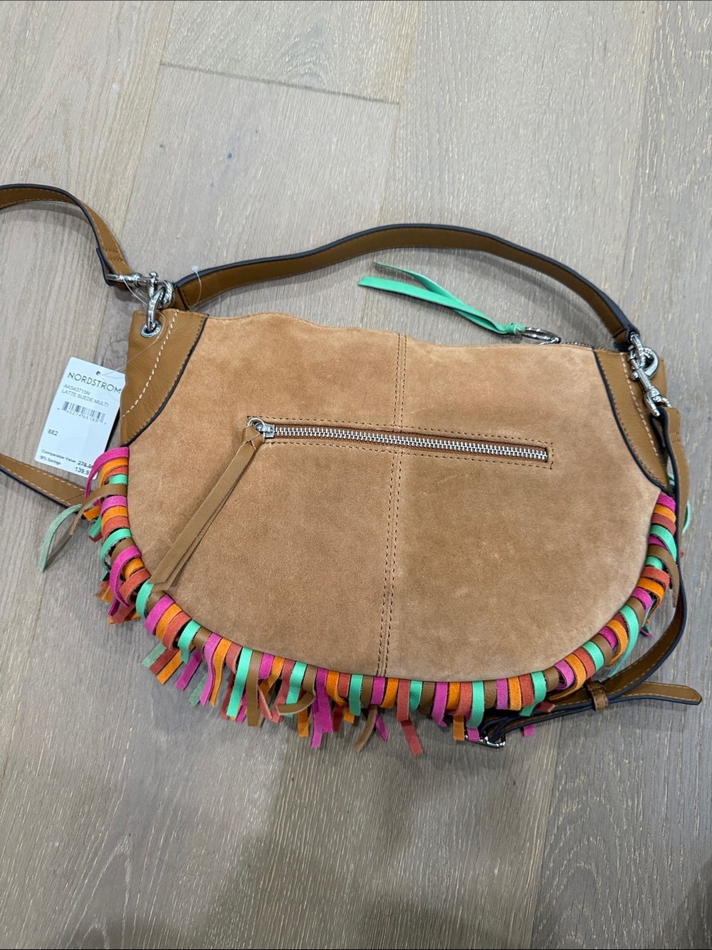 Aimee Leon Dore Tan Suede Shoulder Bag with Pink, Green and Orange Fringe - Picture 3 of 5